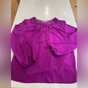 T Tahari Magenta Blouse with Embellished Neckline
